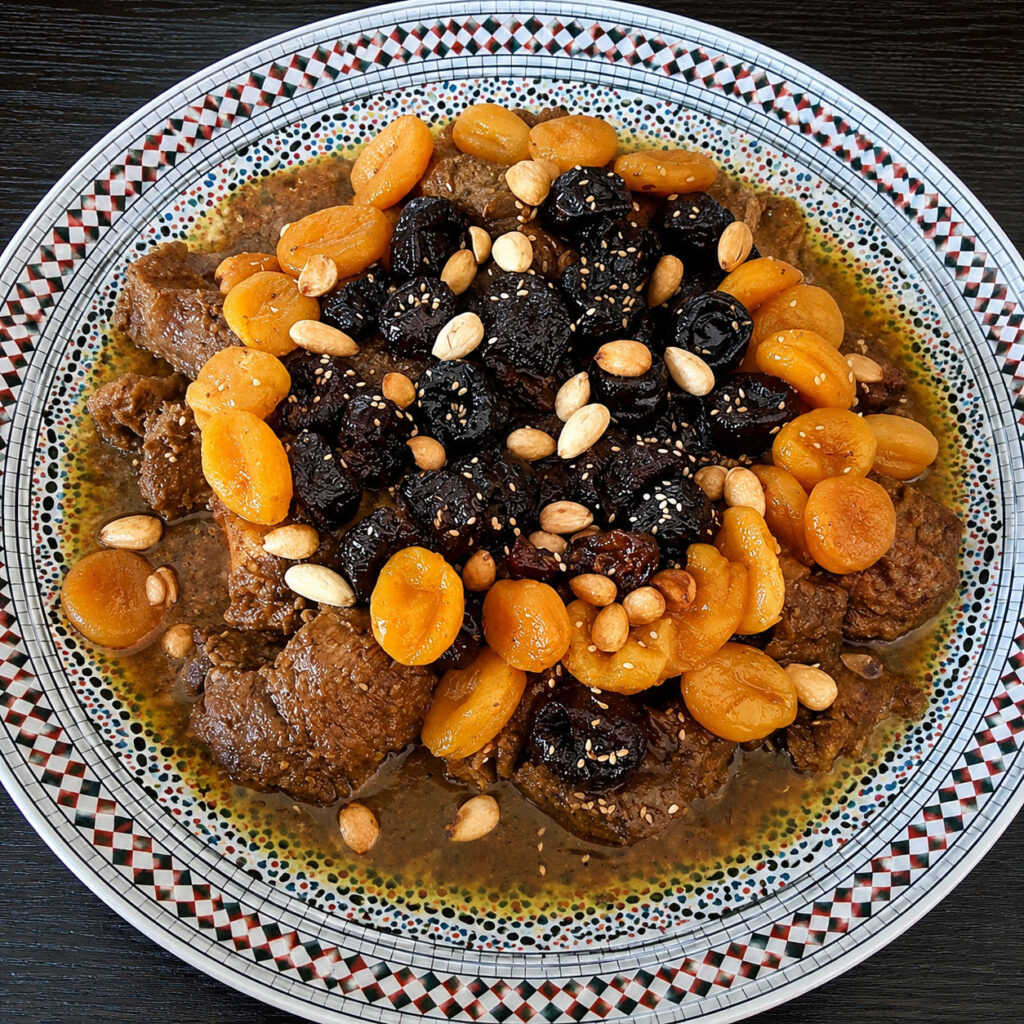M'rozia gerecht met langzaam gestoofd lamsvlees en kleurrijke Moroccan-Spanish fusion presentatie bij LaSqala Zwolle.
